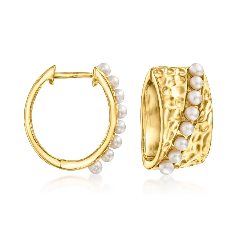 Ross-Simons 2-2.5mm Cultured Pearl Stripe Hoop Earrings in 18kt Gold Over Sterling