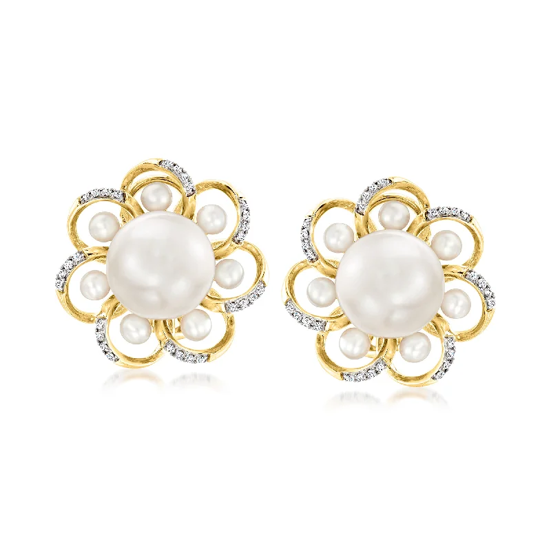 Ross-Simons 2.5-10.5mm Cultured Pearl and . Diamond Flower Earrings in 14kt Yellow Gold