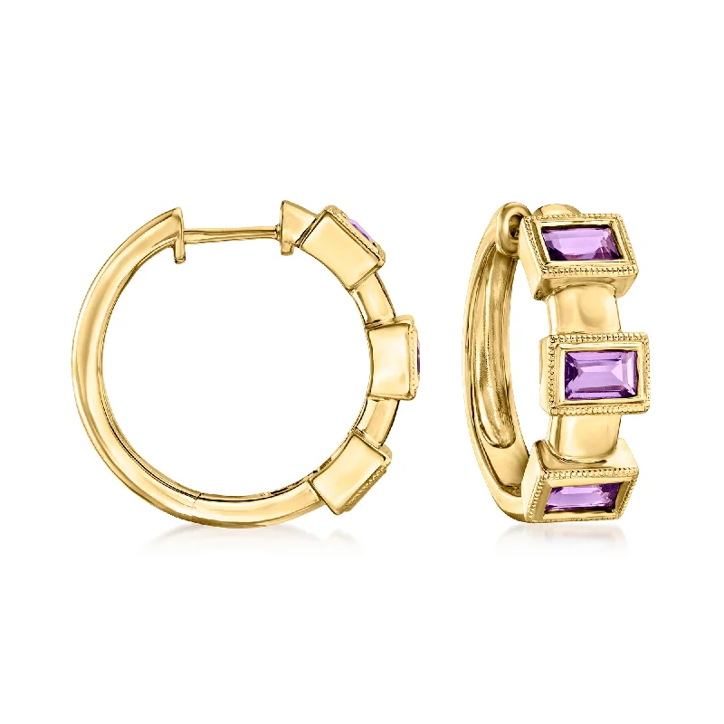 Ross-Simons Amethyst 3-Stone Hoop Earrings in 18kt Gold Over Sterling