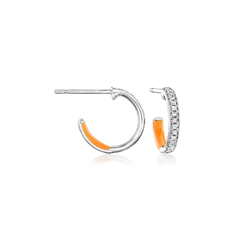 RS Pure by Ross-Simons Orange Enamel and . Diamond Huggie Hoop Earrings in Sterling Silver