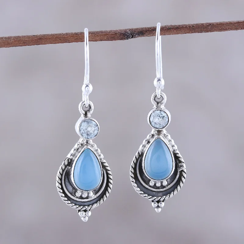 Sky Fascination Chalcedony and Blue Topaz Dangle Earrings from India