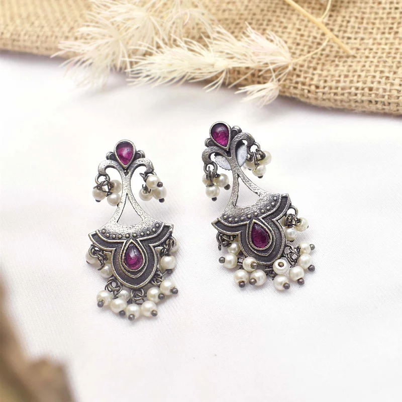 Teejh Nilay Red Stone Silver Oxidised Earring