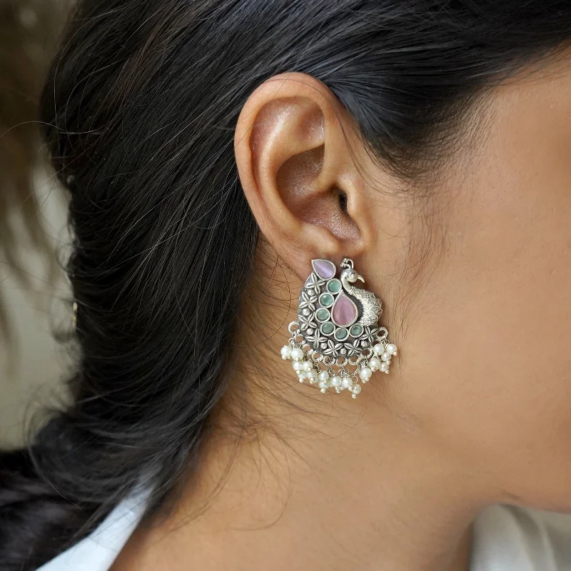 Teejh Nirali  Pink & White Silver Oxidised Earrings