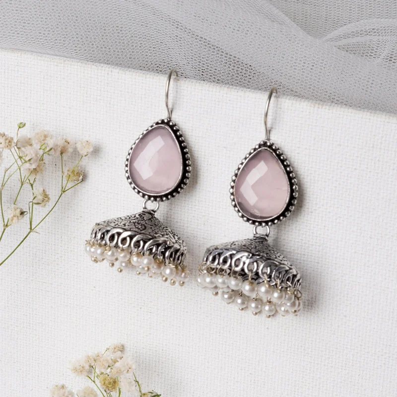 Teejh Sahasra Pink Stone Silver Oxidised Earrings