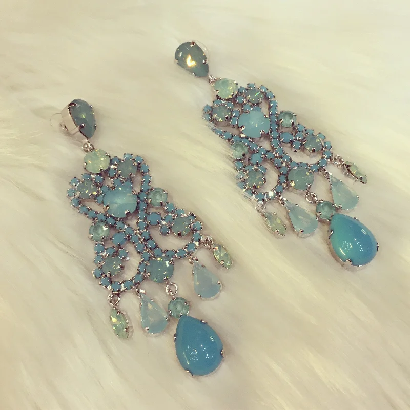 Turquoise Earrings Blue Glass and Crystal Chandelier Pierced by Frangos