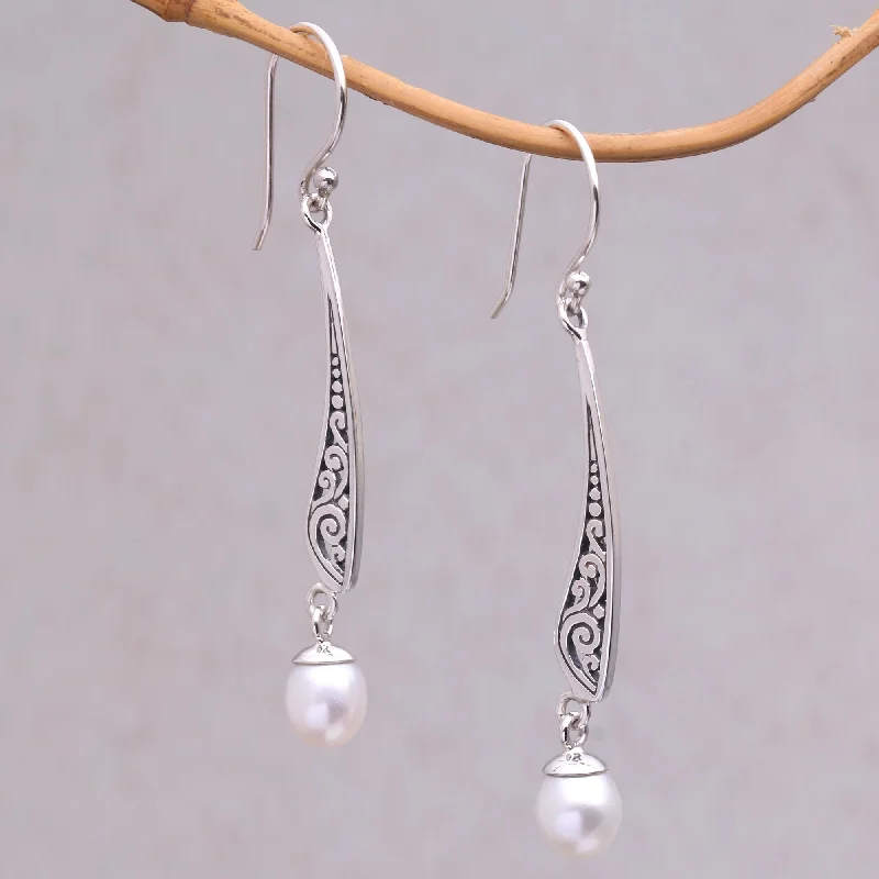 Vine Blades Vine Motif Cultured Pearl Dangle Earrings from Indonesia