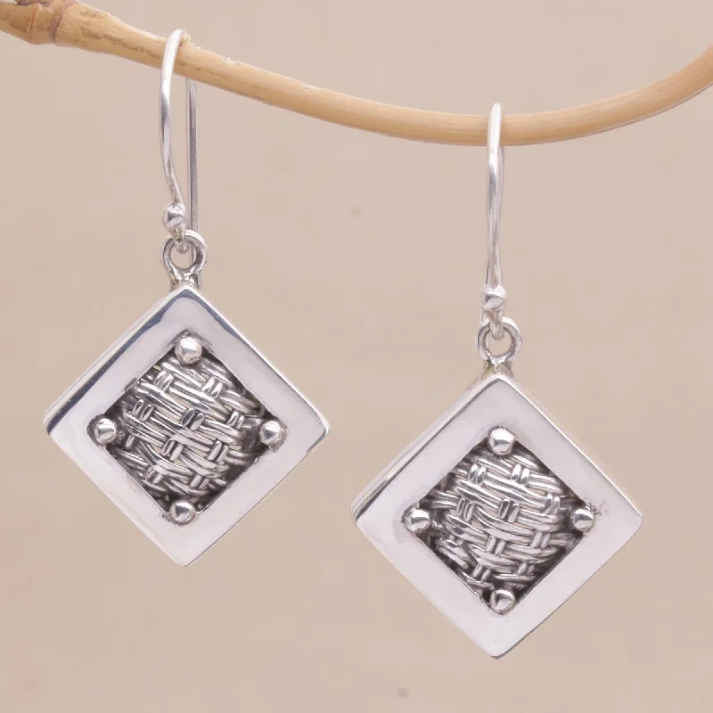 Weaving Ketupats Woven Sterling Silver Diamond Shaped Dangle Earrings