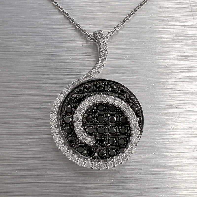 14k White Gold White & Black Diamond 3D Circular Swirl Pendant Necklace 1.03ctw