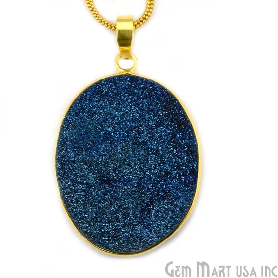 Blue Titanium Druzy 35x49mm Gold Plated Oval Gemstone Chain Pendant