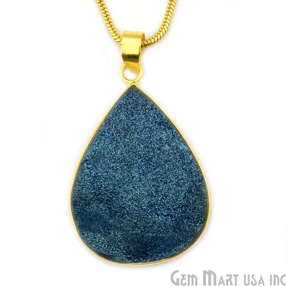 Blue Titanium Druzy 35x50mm Gold Plated Pears Gemstone Chain Pendant