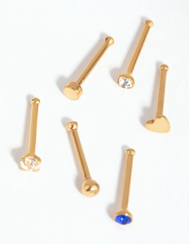 Gold Surgical Steel Heart Diamante Nose Stud 6-Pack