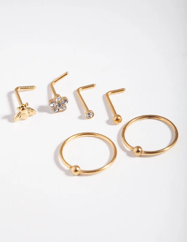 Gold Surgical Steel Flower & Bee Nose Stud 6-Pack