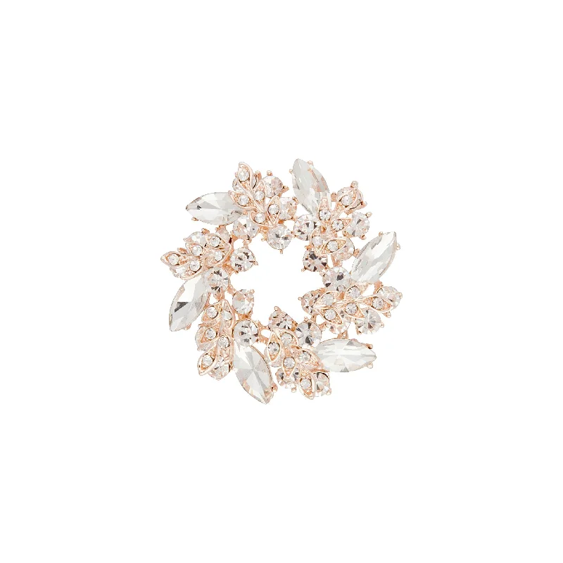 Rose Gold Diamante Leaf Round Brooch