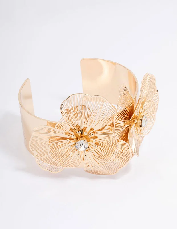 Gold Double Flower Wide Wrist Cuff