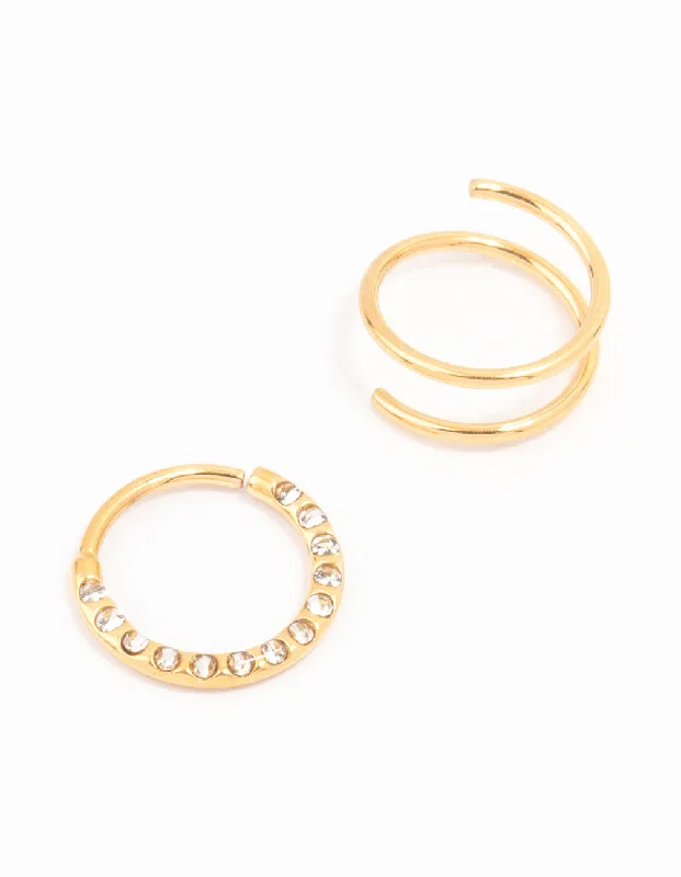 Gold Plated Cubic Zirconia And Spiral Nose 2-Pack