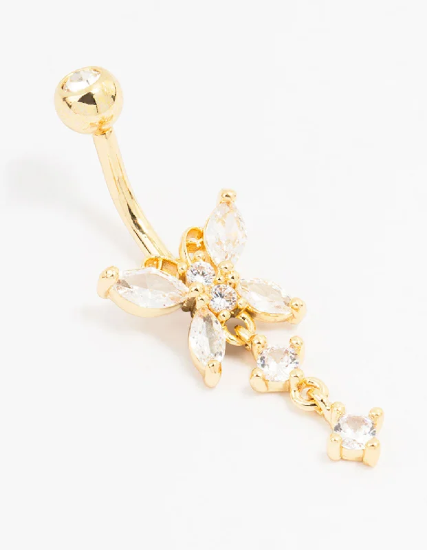 Gold Plated Surgical Steel Butterfly Crystal Belly Bar