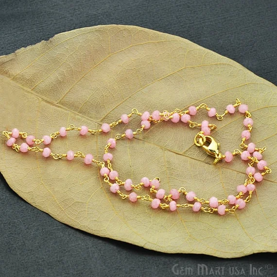 Natural Rose Chalcedony Necklace chain, 18 Inch Gold Plated Beaded Necklace Jewelry