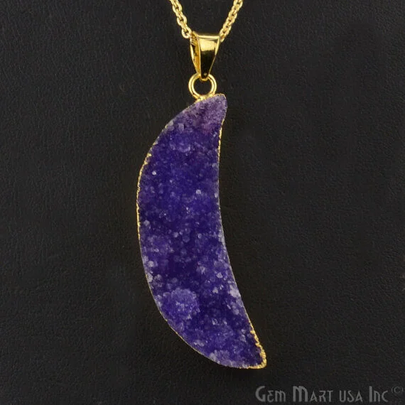 One Of A Kind Blue Rough Druzy 14x51mm Gold Electroplated 18 Inch Chain With Pendant