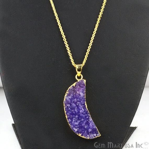 One Of A Kind Blue Rough Druzy 16x45mm Gold Electroplated 18 Inch Chain With Pendant