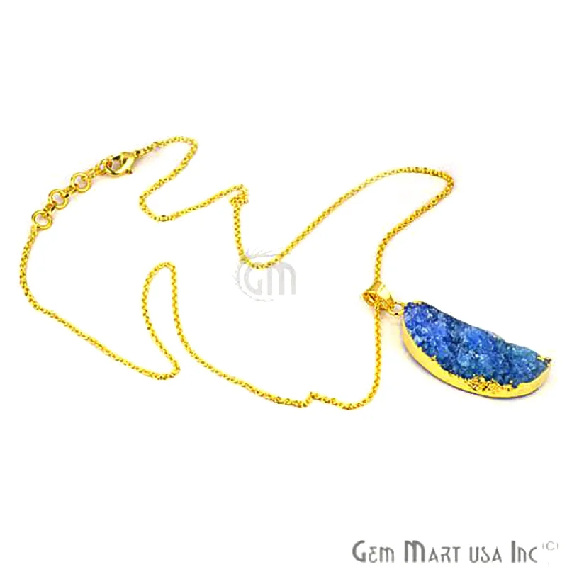 One Of A Kind Blue Rough Druzy 45x15mm Gold Electroplated 18 Inch Chain With Pendant