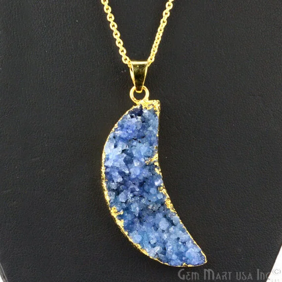 One Of A Kind Blue Rough Druzy 47x15mm Gold Electroplated 18 Inch Chain With Pendant