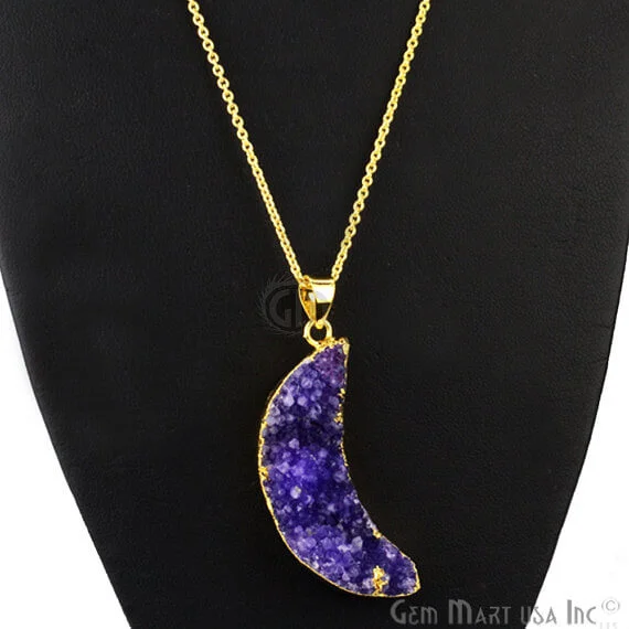 One Of A Kind Blue Rough Druzy 48x15mm Gold Electroplated 18 Inch Chain With Pendant