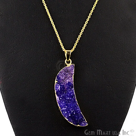 One Of A Kind Blue Rough Druzy 50x14mm Gold Electroplated 18 Inch Chain With Pendant