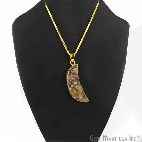 One Of A Kind Brown Rough Druzy 12X43mm Gold Electroplated 18 Inch Chain With Pendant