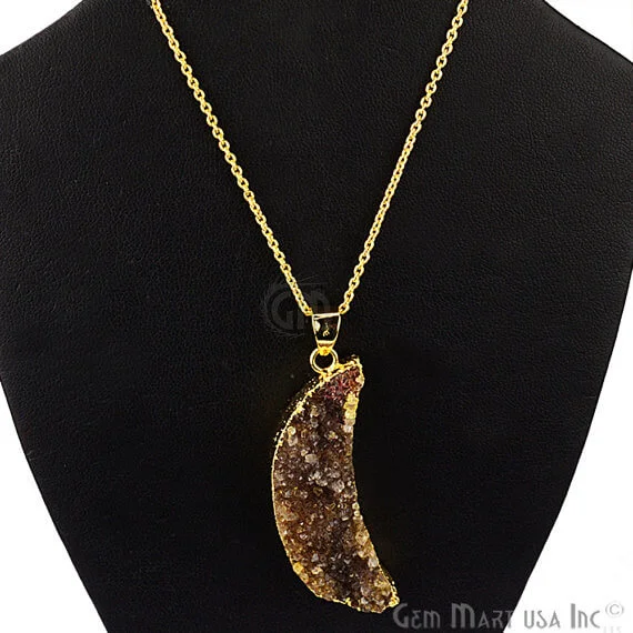 One Of A Kind Brown Rough Druzy 14X50mm Gold Electroplated 18 Inch Chain With Pendant