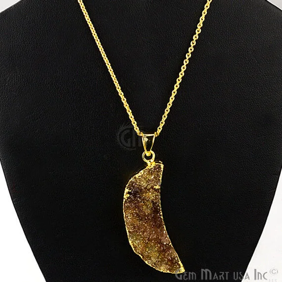 One Of A Kind Brown Rough Druzy 46X14mm Gold Electroplated 18 Inch Chain With Pendant