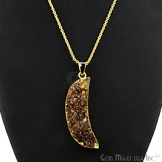 One Of A Kind Brown Rough Druzy 47x13mm Gold Electroplated 18 Inch Chain With Pendant