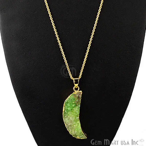 One Of A Kind Green Rough Druzy 43X13mm Gold Electroplated 18 Inch Chain With Pendant