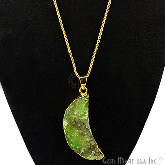 One Of A Kind Green Rough Druzy 43x16mm Gold Electroplated 18 Inch Chain With Pendant