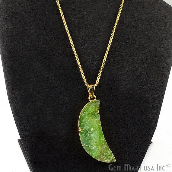 One Of A Kind Green Rough Druzy 44X14mm Gold Electroplated 18 Inch Chain With Pendant