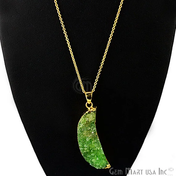 One Of A Kind Green Rough Druzy 48x14mm Gold Electroplated 18 Inch Chain With Pendant