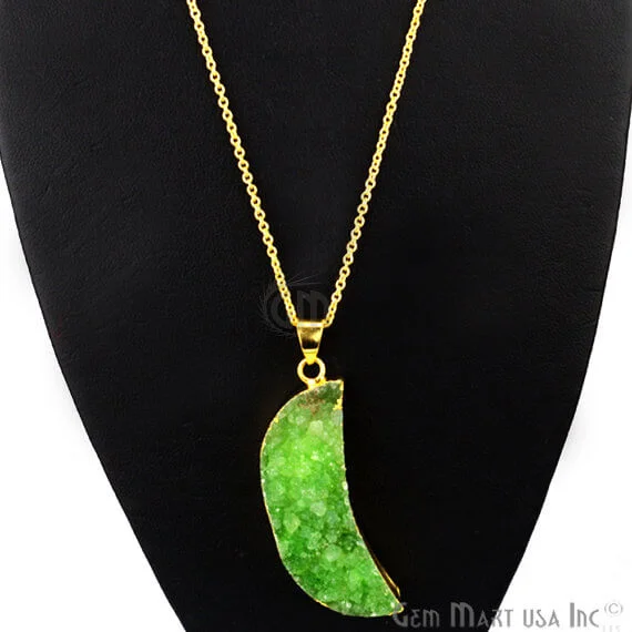 One Of A Kind Green Rough Druzy 48x15mm Gold Electroplated 18 Inch Chain With Pendant