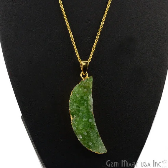 One Of A Kind Green Rough Druzy 51x14mm Gold Electroplated 18 Inch Chain With Pendant