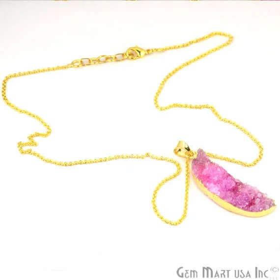 One Of A Kind Pink Rough Druzy 12X48mm Gold Electroplated 18 Inch Chain With Pendant