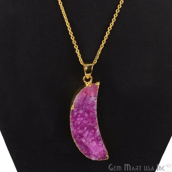 One Of A Kind Pink Rough Druzy 13X42mm Gold Electroplated 18 Inch Chain With Pendant