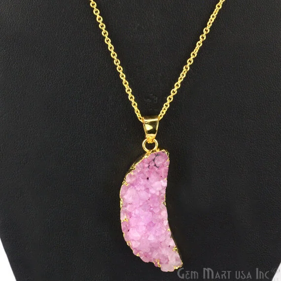 One Of A Kind Pink Rough Druzy 14X43mm Gold Electroplated 18 Inch Chain With Pendant