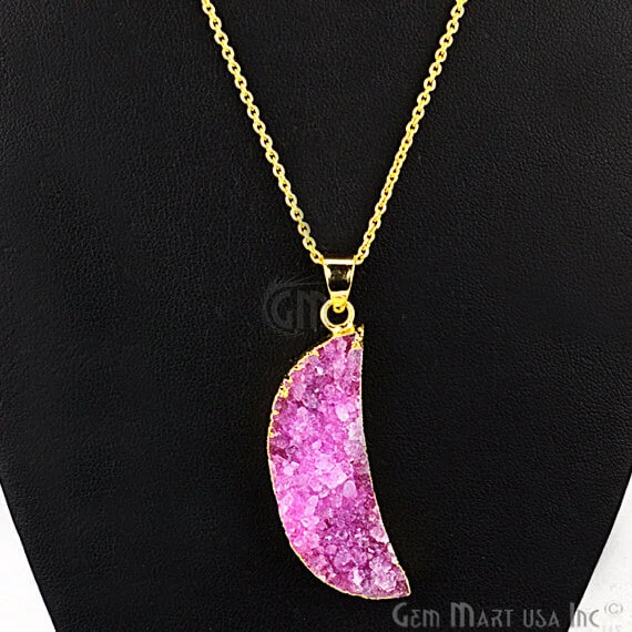 One Of A Kind Pink Rough Druzy 14x44mm Gold Electroplated 18 Inch Chain With Pendant