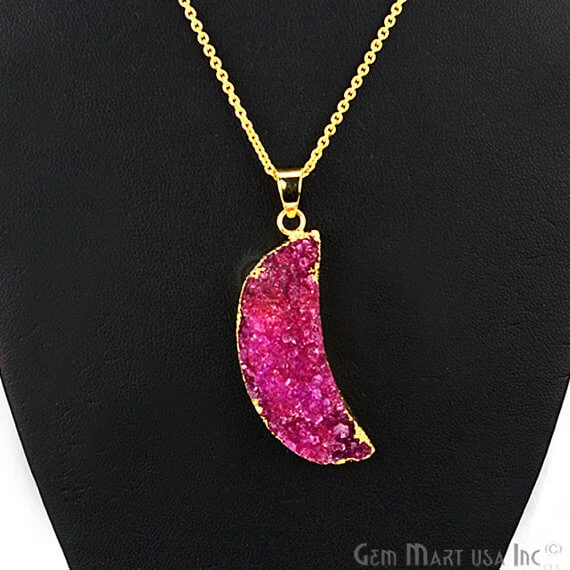 One Of A Kind Pink Rough Druzy 14x48mm Gold Electroplated 18 Inch Chain With Pendant