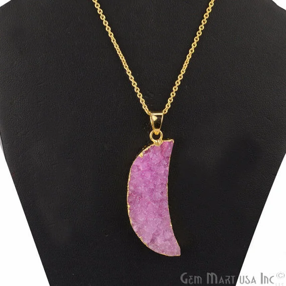 One Of A Kind Pink Rough Druzy 15X47mm Gold Electroplated 18 Inch Chain With Pendant