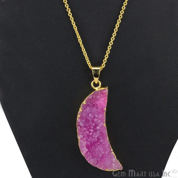 One Of A Kind Pink Rough Druzy 15x48mm Gold Electroplated 18 Inch Chain With Pendant