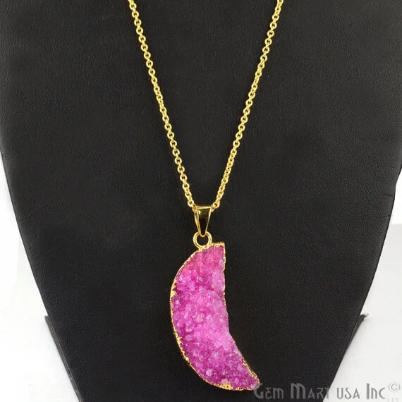 One Of A Kind Pink Rough Druzy 42X14mm Gold Electroplated 18 Inch Chain With Pendant