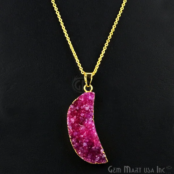 One Of A Kind Pink Rough Druzy 44x14mm Gold Electroplated 18 Inch Chain With Pendant