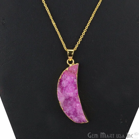 One Of A Kind Pink Rough Druzy 45X20mm Gold Electroplated 18 Inch Chain With Pendant