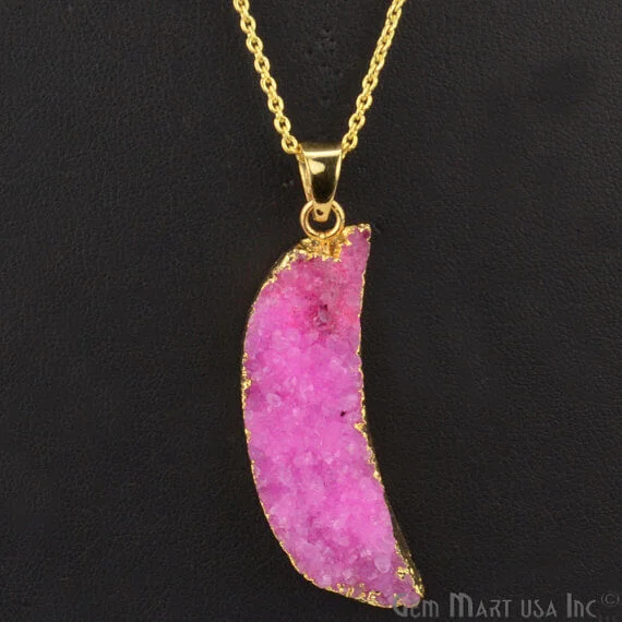 One Of A Kind Pink Rough Druzy 46x13mm Gold Electroplated 18 Inch Chain With Pendant