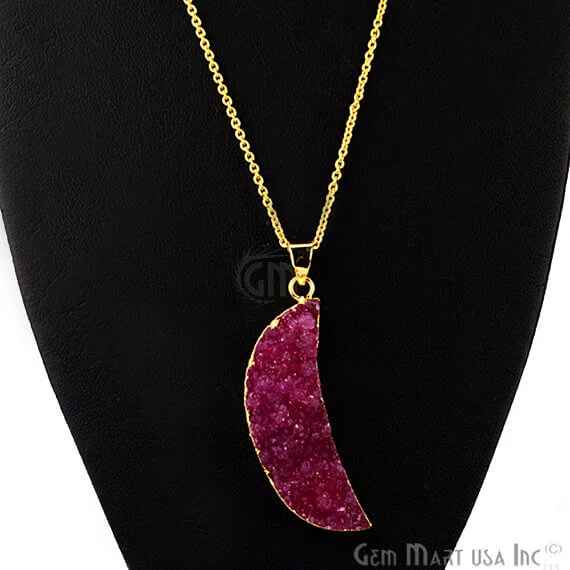 One Of A Kind Pink Rough Druzy 47x13mm Gold Electroplated 18 Inch Chain With Pendant