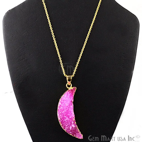 One Of A Kind Pink Rough Druzy 47x14mm Gold Electroplated 18 Inch Chain With Pendant